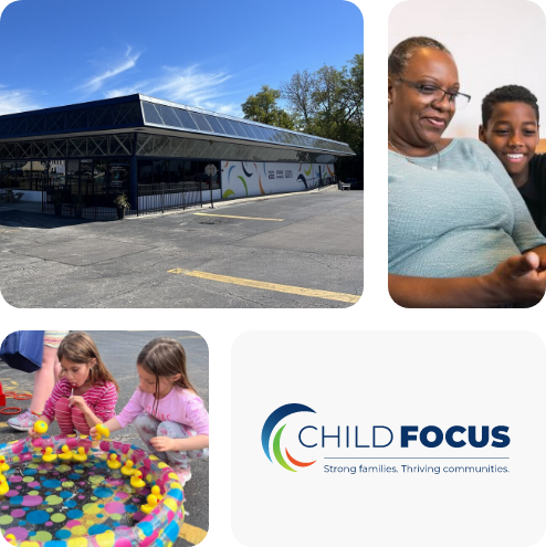 Child Focus building and logo with woman working with boy and kids playing with rubber ducks